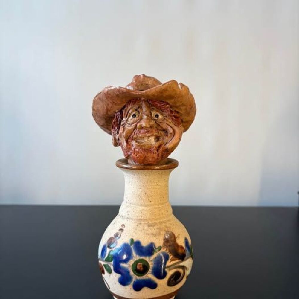 1980 Signed Mexican Folk Art Cowboy Stoneware Decanter & Stopper